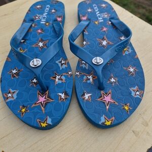 Coach Kids Blue Star-Print Flip Flops with Multicolor Accents